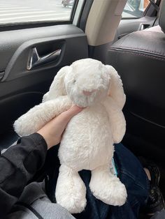 a person holding a white stuffed animal in their lap