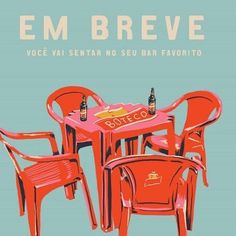 three red chairs sitting around a table with bottles on it and the words embreve written in spanish