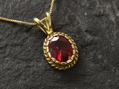 Gold Ruby Pendant set with Created Ruby in top quality, perfect diamond cut & intense red color, at 10x8 mm diameter, 3 Carat. Victorian Pendant design made of Gold Vermeil ☞ thickest 18k Gold Plating on top of Solid 925 Sterling Silver ☞ made to last. Free Gold Vermeil Chain with every Pendant order, 18 inch Silver chain (46 cm) ✓ Matching Ring: www.etsy.com/uk/listing/946992190 Matching Earrings: www.etsy.com/uk/listing/960212272   ⌛Last Pendant left ⌛   Details :   ♥ Each item comes in a cute Red Diamond-cut Necklace For Anniversary, Red Pendant Jewelry With Prong Setting, Red Oval Diamond Cut Necklace, Red Necklace With Prong Setting As Gift, Red Oval Jewelry With Prong Setting, Ruby Pendant Set, Green Diamond Rings, Victorian Pendants, Emerald Ring Gold