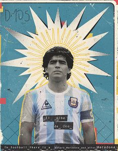 a man in a blue and white shirt with a sun above his head on a poster