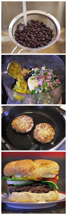 four different views of food being cooked in pans