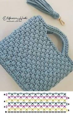 a crocheted purse with a tassell on top and an image of the handle