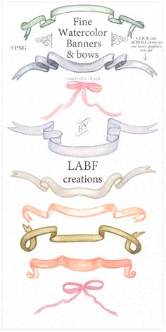 some ribbons and bows are drawn in watercolor on white paper with the words larf creations