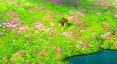 a painting of a house in the middle of a field with water and flowers around it