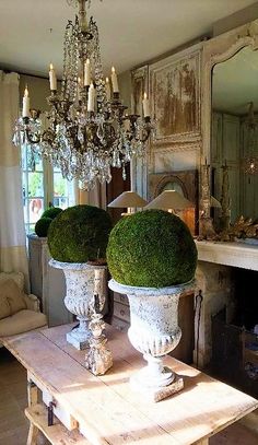 two vases with moss on them are sitting on a table in front of a fireplace