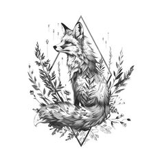 a drawing of a fox sitting on top of a leafy branch with triangles in the background