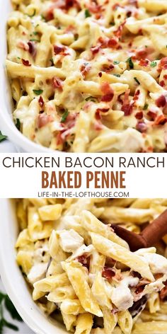 chicken bacon ranch baked penne in a white casserole dish