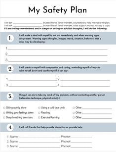 Safety Planning Worksheet, Safety Plan For Teens, Safety Plan For Kids Mental Health, Safety Planning, Crisis Plan, Adolescent Therapy, Safety Plan