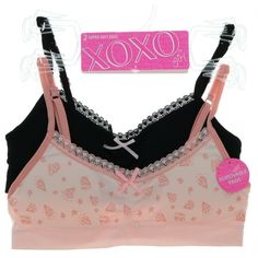 XOXO's girl's training bras are made lightly lined with removable cups for comfort and coverage. This two pack has traditional adjustable straps and goes over the head, so your young lady can practice wearing that extra layer before graduating to a more complicated closure. With a delicate bow for added detail, these training bras are smooth and soft with no uncomfortable underwire. Size: Small 30A.  Color: Pink.  Gender: female.  Age Group: adult. Practice Wear, Pink Diamonds, Cute Bras, Black Bra, Basic Outfits, Pink Diamond, Black Media, Gender Female, 2 Pack