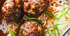 some meatballs and rice in a bowl