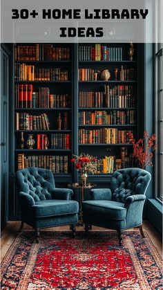 Library with dark, moody tones, deep comfortable chairs, and a patterned rug adding warmth and charm. Library Lounge Room Ideas, Moody Home Study, Library Style Bookshelves, Formal Living Room Library Ideas, Moody Victorian Office, Bar Library Ideas, Bar And Library Room, Home Library With Bar, Dark Academic Library