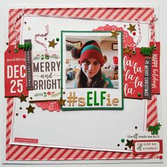 a christmas card with a girl wearing a santa hat and red and white striped background