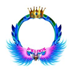 a crown with wings around it and the words online on it in pink, blue and green