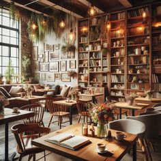 a restaurant with wooden tables, chairs and bookshelves filled with plants on the walls