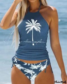 Olivia Mark - Coconut Tree Print Halter Tankini Swimsuit Set Backless Swimwear, Backless Swimsuit, Halter Top Tankini, Tankini Swimsuits For Women, Halter Tankini, Two Piece Swimwear, Swimwear Tankini, Print Swimwear, Coconut Tree