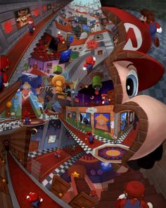 an image of mario's head in the middle of a room with many other objects