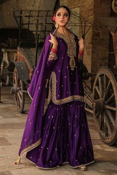 Purple straight kurta with all over floral embroidery using zari dori, resham and tikki work. Paired with a sharara with embroidered buttis and dupatta. - Aza Fashions Traditional Purple Sharara With Dori Work, Purple Chinon Sharara With Dabka Work, Traditional Purple Georgette Sharara, Purple Sharara With Zari Work In Chinon, Purple Sharara With Dori Work Traditional Drape, Purple Sharara With Dori Work, Traditional Purple Sharara With Traditional Drape, Traditional Purple Sharara With Dupatta, Traditional Purple Sharara With Drape