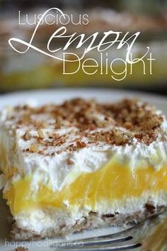 lemon delight layered dessert in a glass dish