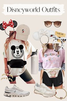 two girls wearing disney world outfits and mickey mouse ears