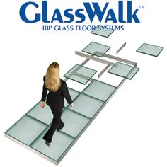 a woman walking up a glass floor with the words glasswalk above her and below it