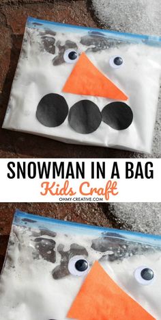 a snowman in a bag made out of plastic bags with googly eyes and an orange nose