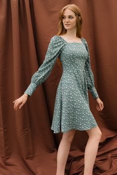 This long sleeved floral dress is buttery soft and so comfy. Long Sleeve Square Neck Dress, Cute Flirty, Puffed Long Sleeves, Sage Dress, Square Neck Dress, Green Floral Dress, Knee Length Skirt, Modest Dresses, Long Skirt