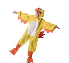 a man in a chicken costume standing on one leg with his arms out and legs spread wide