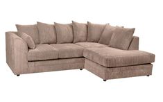 a gray sectional couch with pillows on it's back and the seat facing outward