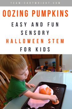 a young boy in green shirt making pumpkins on a baking sheet with text overlay