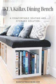 a bench with books on it and the words ikea kallax dining bench