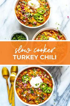 three bowls filled with turkey chili and topped with sour cream, cilantro, jalapenos