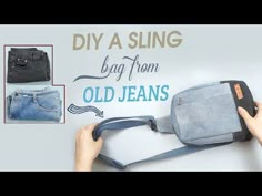 an old jeans bag is being held up by someone's hand and has the words diy a sling on it