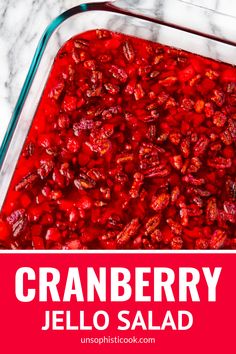 cranberry jello salad in a glass casserole dish with text overlay