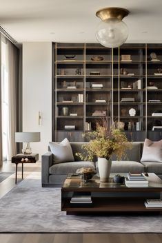 a living room filled with furniture and a large window covered in glass doors, next to a book shelf