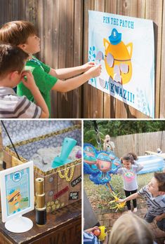 children playing with toys in the backyard and on the deck at an outdoor birthday party