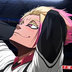 an anime character with blonde hair and pink eyes holding a knife up to his face