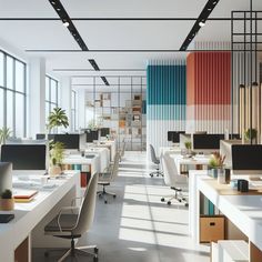 an office with multiple desks and chairs in front of colorful partitions on the wall