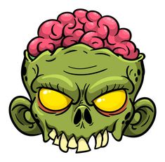 a cartoon zombie head with yellow eyes and pink brain matter on it's head