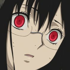 an anime character with red eyes and black hair