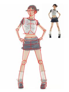 a drawing of a woman in short skirt and top with her hands on her hips