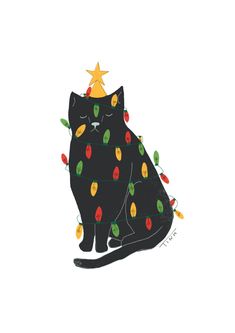 a black cat with christmas lights on its back