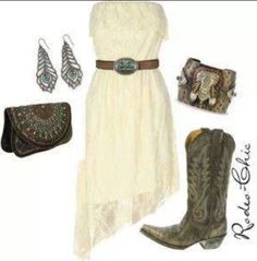 Country Girl Outfit #countrygirl #countryoutfit #countryfashion For more Cute n' Country visit: www.cutencountry.com and www.facebook.com/cuteandcountry Cute Country Dresses, Country Girl Dresses, Country Girl Outfits, Rodeo Chic, Dresses With Cowboy Boots, Prairie Chic