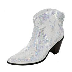 We are dressing up the country cowgirl look with a sassy layer of sequin on a beautiful white color. It's a bold move, but these Helen's Heart short boots are a complete fashion statement. *Boots are available in whole sizes only (5-11). *Helen's Heart sequin boots tend to run a little bigger. If you're a half size then you'll want to go down to the next whole size. For example, if you're typically a size 8.5, then you'll want to go with a size 8. If you have questions concerning sizing for your Short Western Boots, Cowgirl Look, Country Cowgirl, Sequin Boots, Cowgirl Bling, Boot Bling, Stylish Heels, Embroidered Boots, Sequins Embroidery