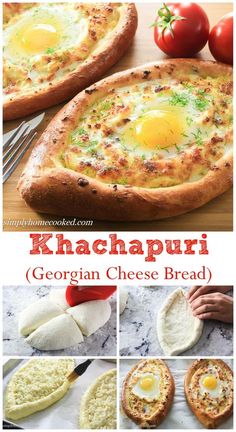 the recipe for khachapuri is shown in three different pictures, including eggs and bread