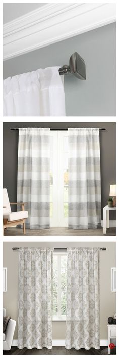 three different curtains hanging on the side of a window