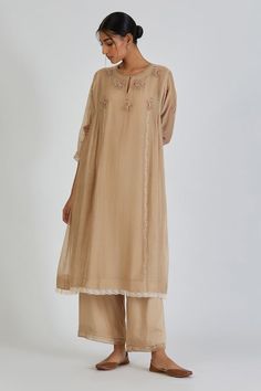 Beige three fourth sleeves chanderi kurta with floral clusters resham thread embroidered details and bloom lace detailing along the hem. Paired with a floral lace hem wide legged palazzo. - Aza Fashions Lajjoo C Kurtas, Elegant Kurta With 3/4 Sleeves For Festive Occasions, Elegant Kurta With 3/4 Sleeve For Eid, Elegant 3/4 Sleeve Kurta For Eid, Pooja Keyur, Pattern Reference, Kurta With Palazzo, Playstation Controller, Women Kurta