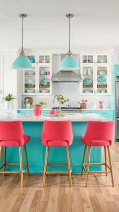 Coastal Kitchen Ideas Concrete Bunker, Coral And Aqua, Kitchen Layouts, Coral Accents, Chic Kitchen