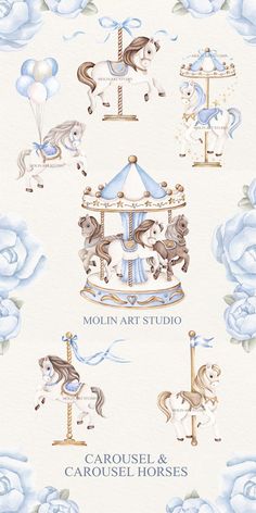 the carousel and carousel horses are depicted in this watercolor painting on white paper with blue roses