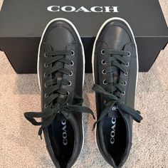 Nib Coach Porter Black Leather Sneaker Style G3781 Size 9.5b From Smoke And Pet Free Home Medium Width Leather Lace-up Sneakers, Black Flat Sneakers With Laces, Classic Black Sneakers With Flat Heel, Coach Low-top Synthetic Sneakers, Coach Classic Round Toe Sneakers, Classic Coach Sneakers With Round Toe, Black Low-top Medium Width Sneakers, Medium Width Low-top Synthetic Sneakers, Black Medium Width Low-top Sneakers