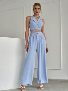 Blue Two Piece Outfit, Crop Top Pants Set, Trendy Summer Outfits, Top Pants Set, Cropped Tops, Todays Outfit, Sleeveless Crop Top, Casual Sets, Lingerie Collection